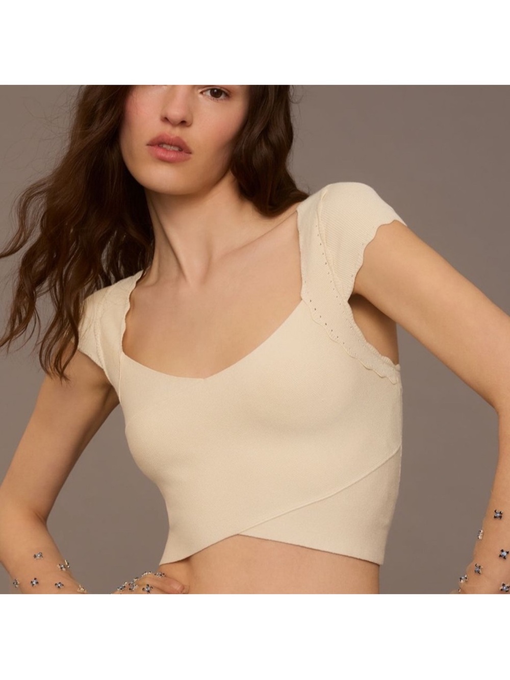 Anthropologie Cream Scalloped-Edge Cropped top